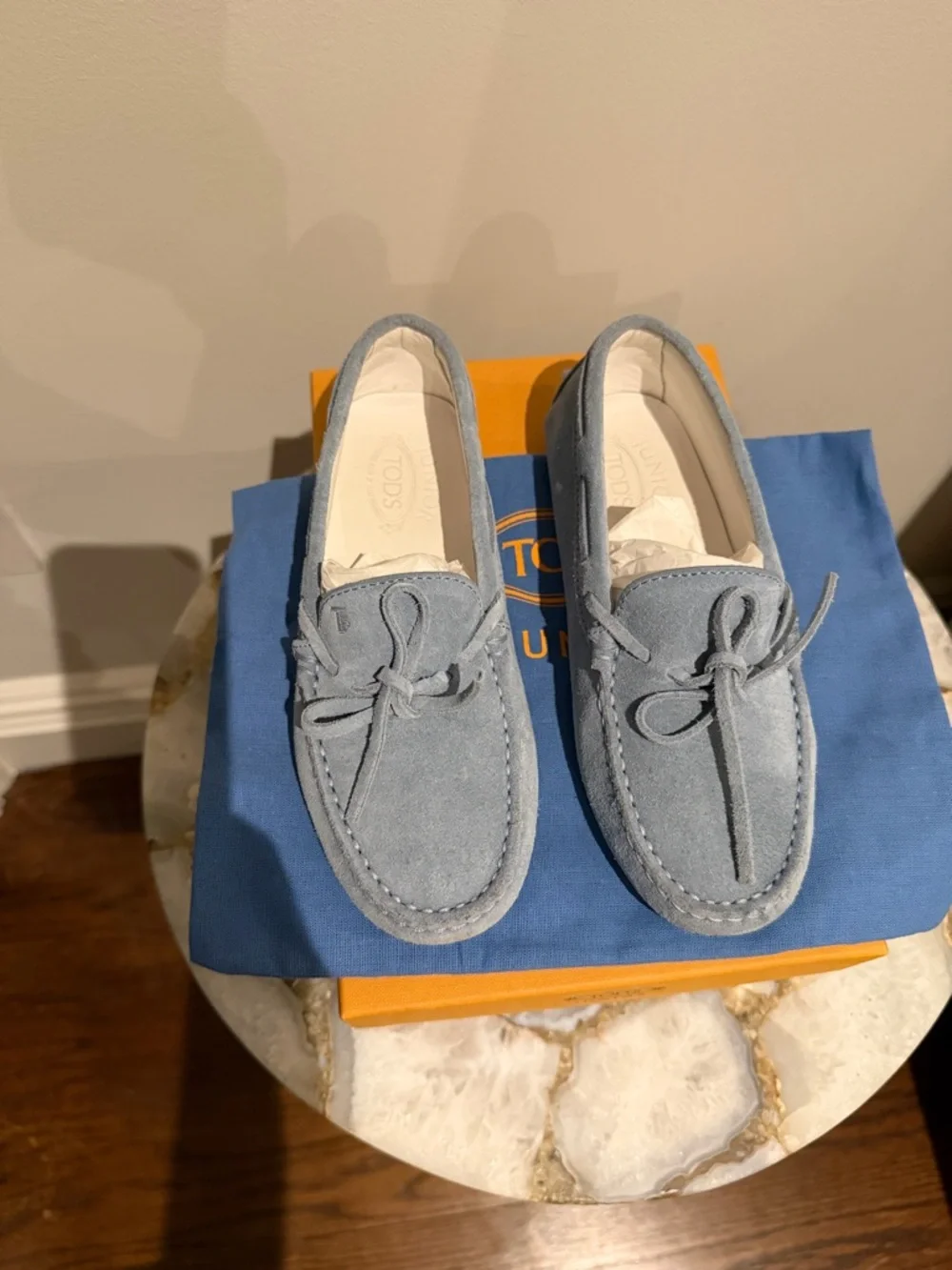 Tod's Light Blue Suede Slip-On Loafers with Bow
